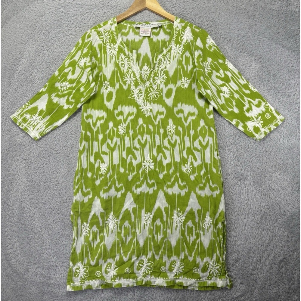 Gretchen Scott Designs Women S Green White Embroidered Tunic Top Pockets Boho